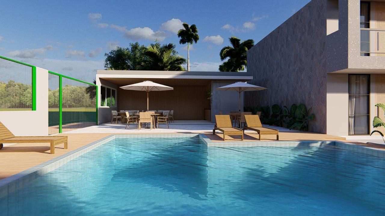 Piscina com deck e espreguiçadeiras