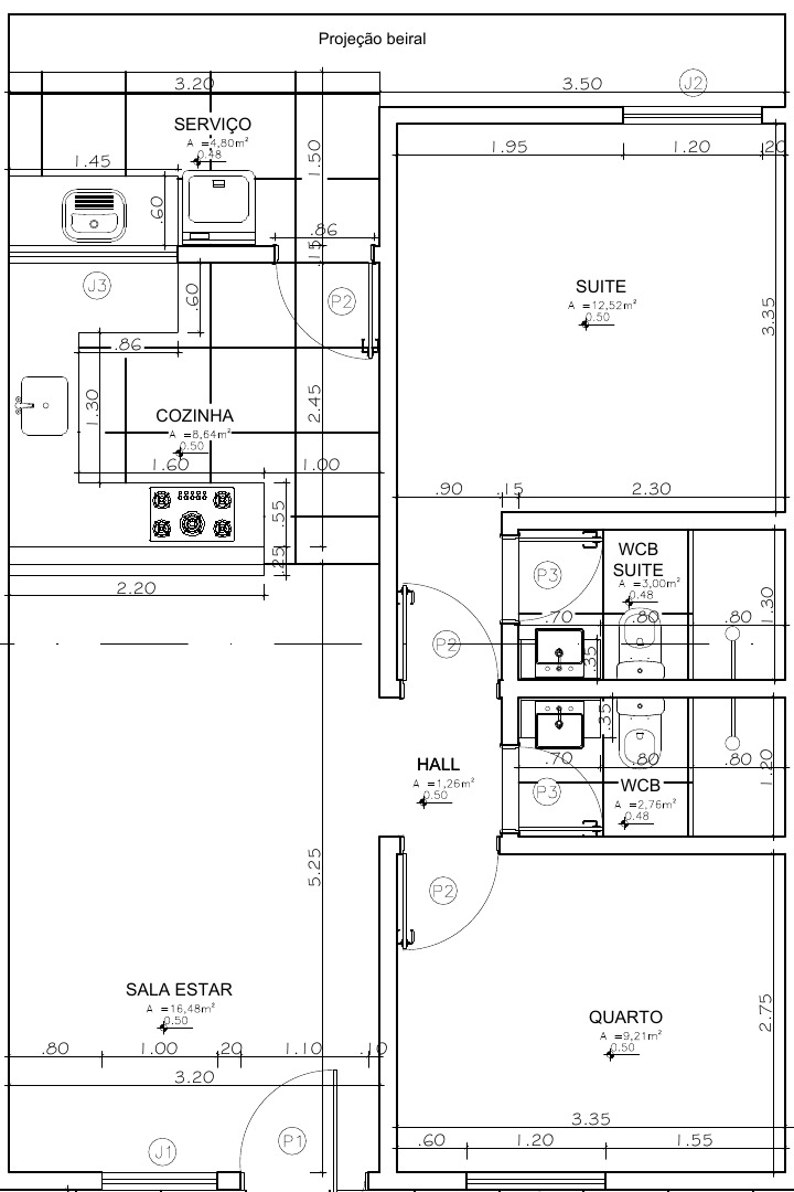 Planta baixa do apartamento tipo, com cotas e área de cada ambiente